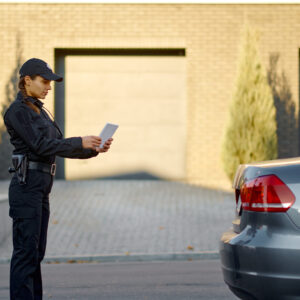 Police officer with mobile tablet check stopped car body number. Transport document verification